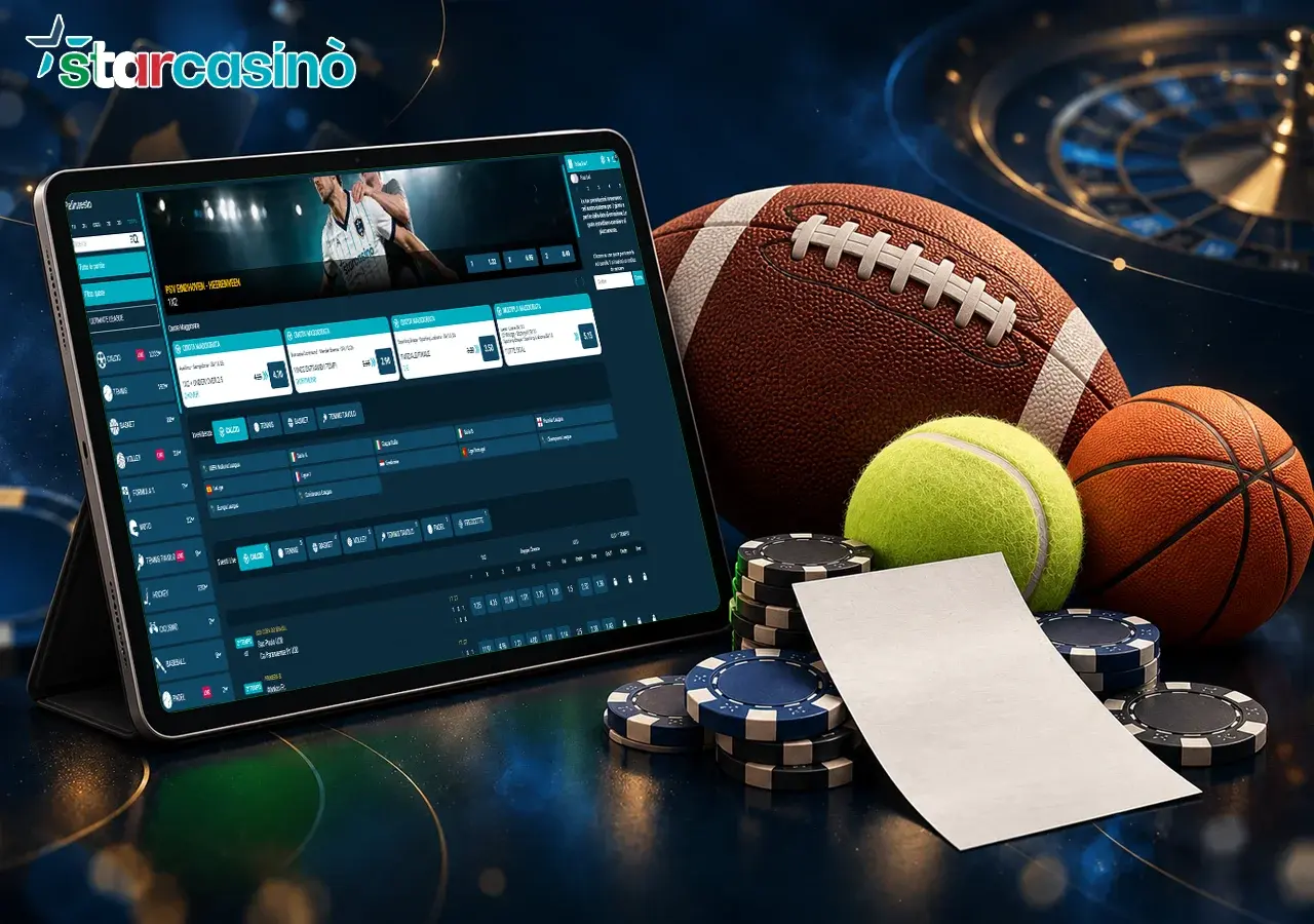 Le quote sportive sul tablet affiancano pallone, palla da tennis, fiches e foglio